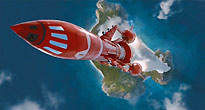 Thunderbird 3 soars above Tracy Island
